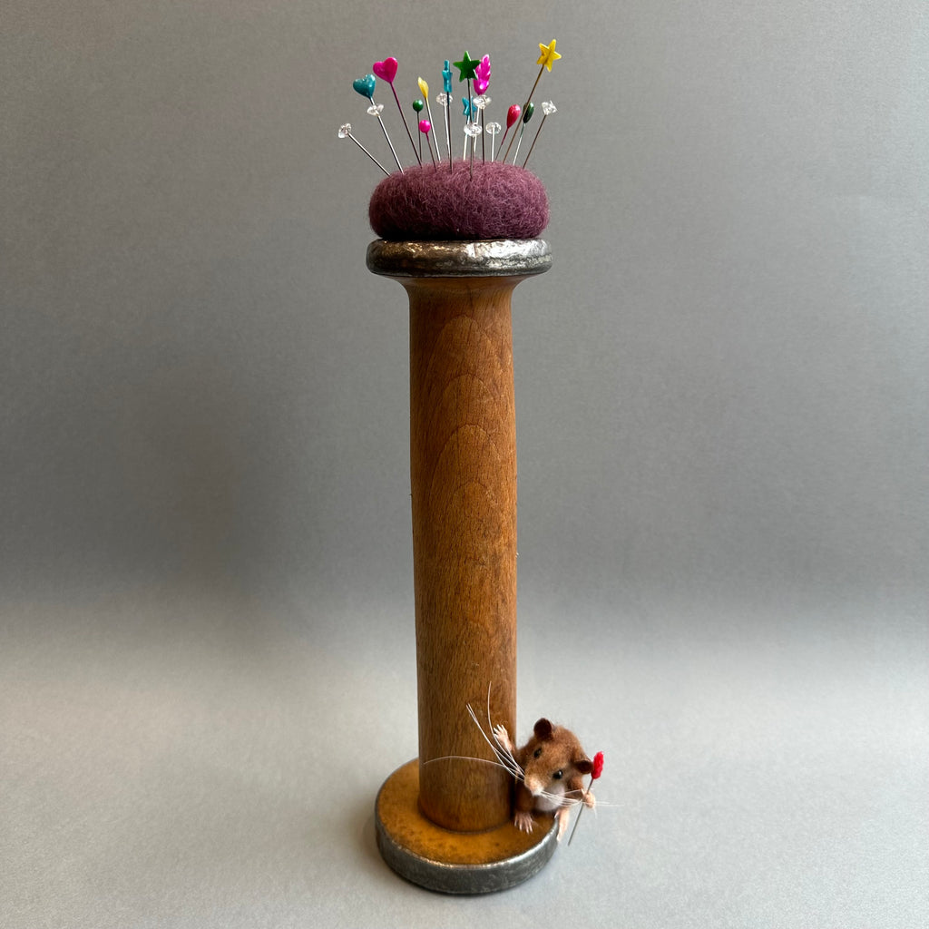 Needle Felted Mouse ‘Percy’ Brown Mouse on a Bobbin with Purple Pincushion
