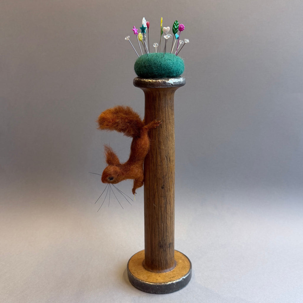 Needle Felted ‘Buster’ Squirrel on a Bobbin with Teal Pincushion