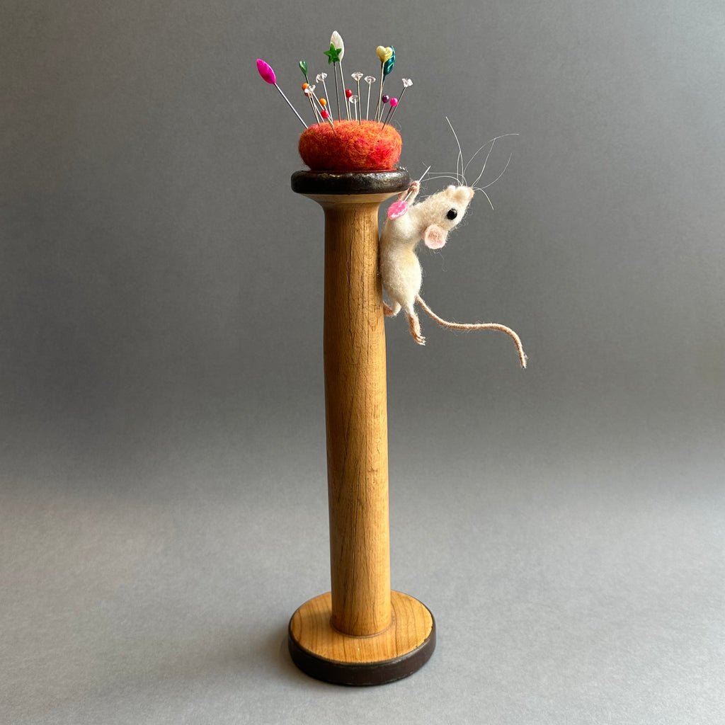 Needle Felted Mouse ‘Peaches’ White Mouse on a Bobbin with Pincushion