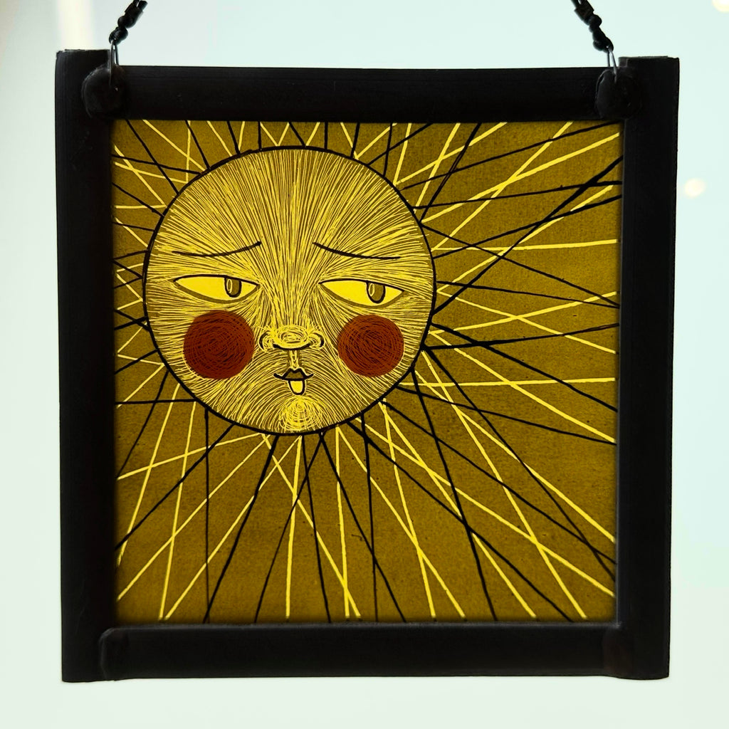 Stained Glass Medium Square Panel ‘Sun, Moon Rays’ (Yellow)