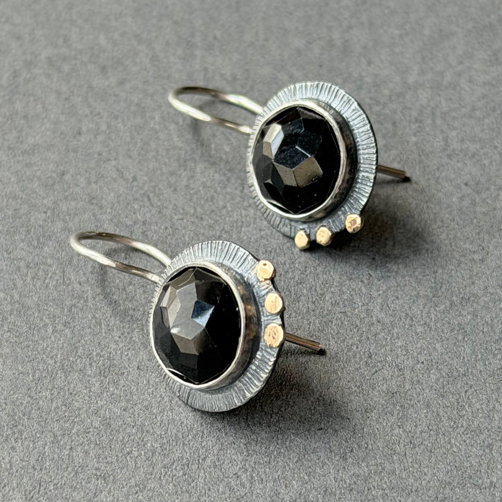 Landscape Drop Earrings - Gold, Oxidised Silver & Black Spinel