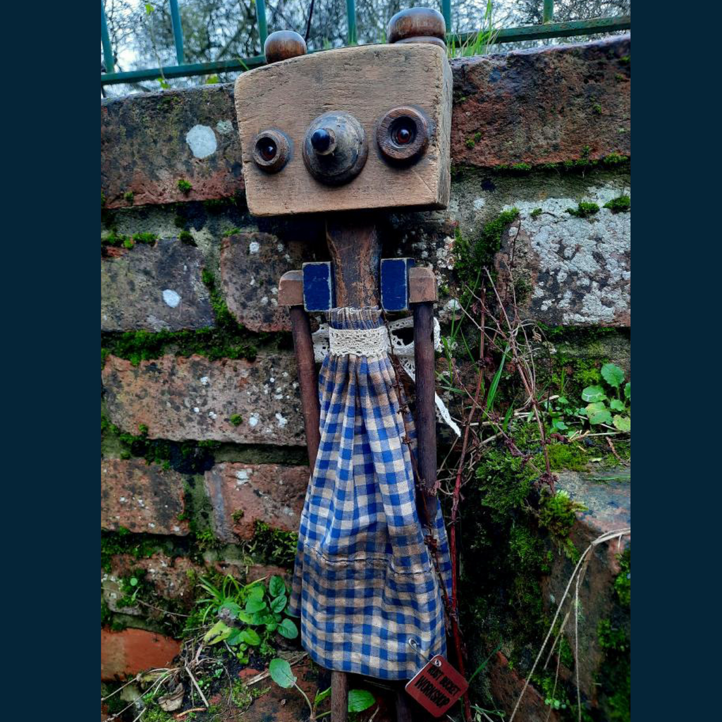 Vintage Mixed Media Sculpture - Bear in a Blue Dress