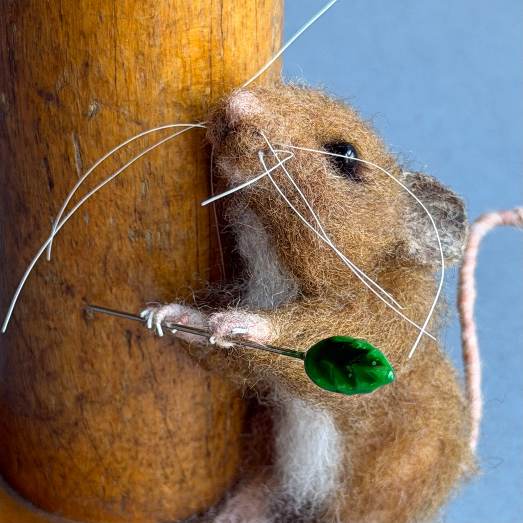 Needle Felted Mouse ‘Connie’ Mouse on a Bobbin with Moss Pincushion #154