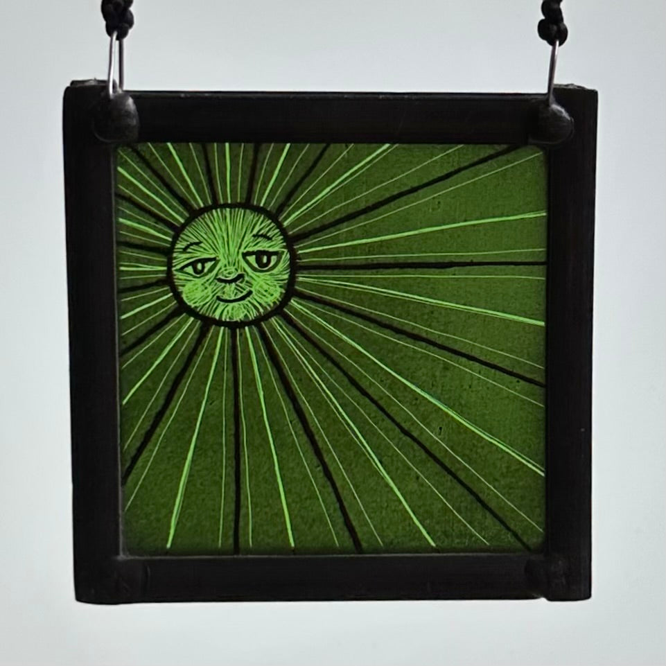 Stained Glass Small Square Panel ‘Sun, Moon Rays’ (Green) #D
