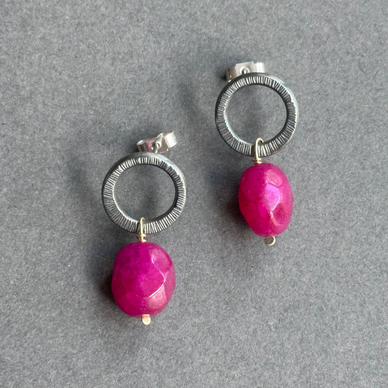 Landscape Drop Studs - Oxidised Silver & Enhanced Ruby