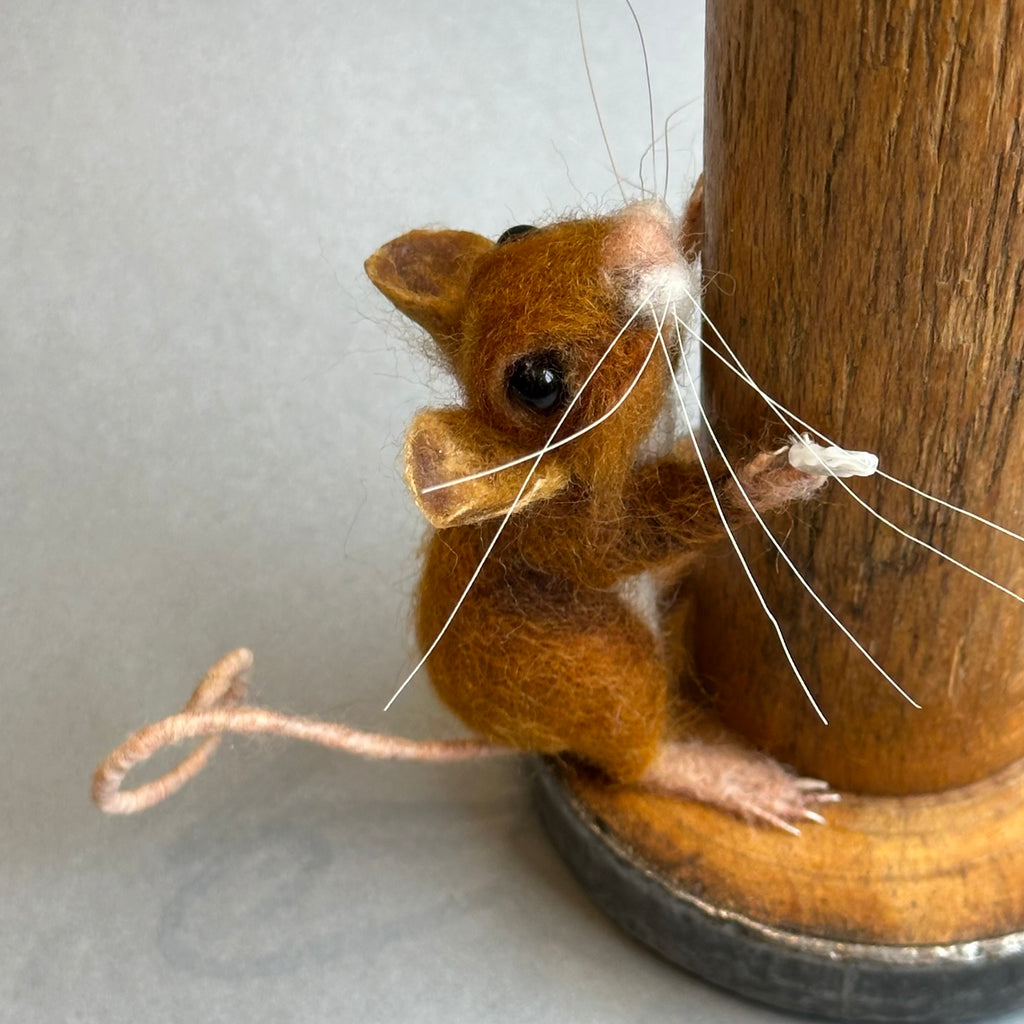 Needle Felted Mouse ‘Ginger’ Brown Mouse on a Bobbin with Green Pincushion