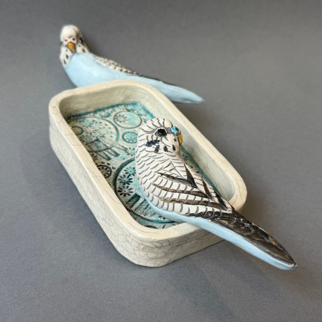Ceramic Budgie - Pair on a Rectangular Wall Piece - Medium