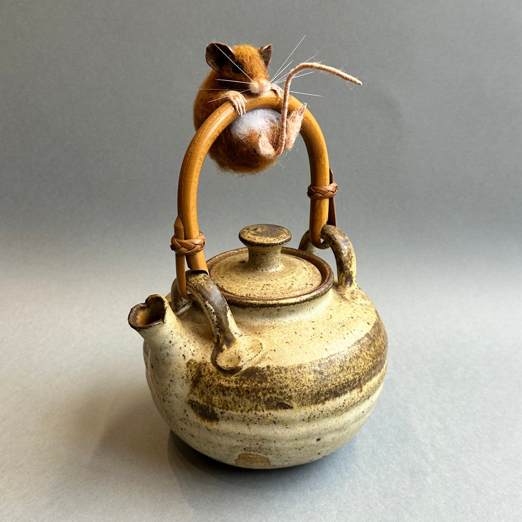 Needle Felted Mouse ‘Chestnut’ on a Vintage Teapot