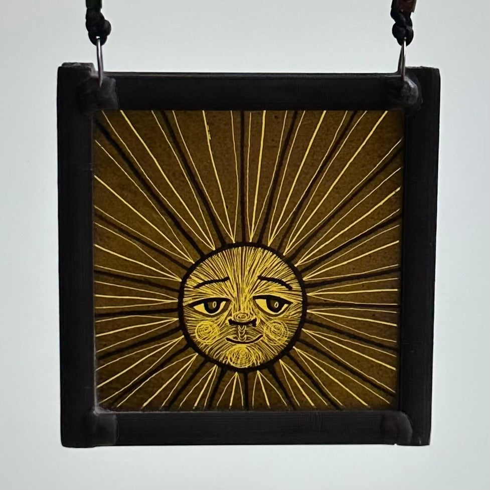 Stained Glass Small Square Panel ‘Sun, Moon Rays’ (Yellow) #E