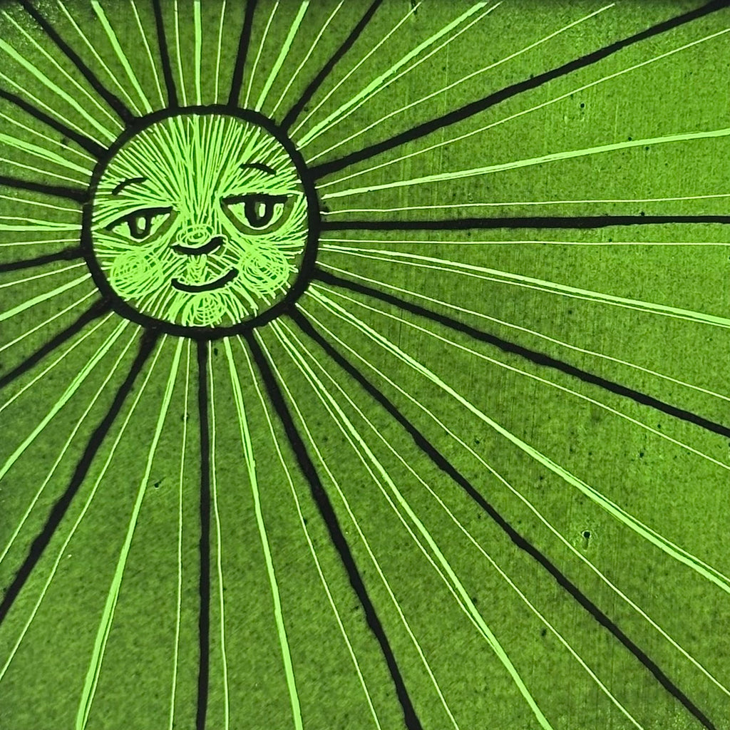 Stained Glass Small Square Panel ‘Sun, Moon Rays’ (Green) #D