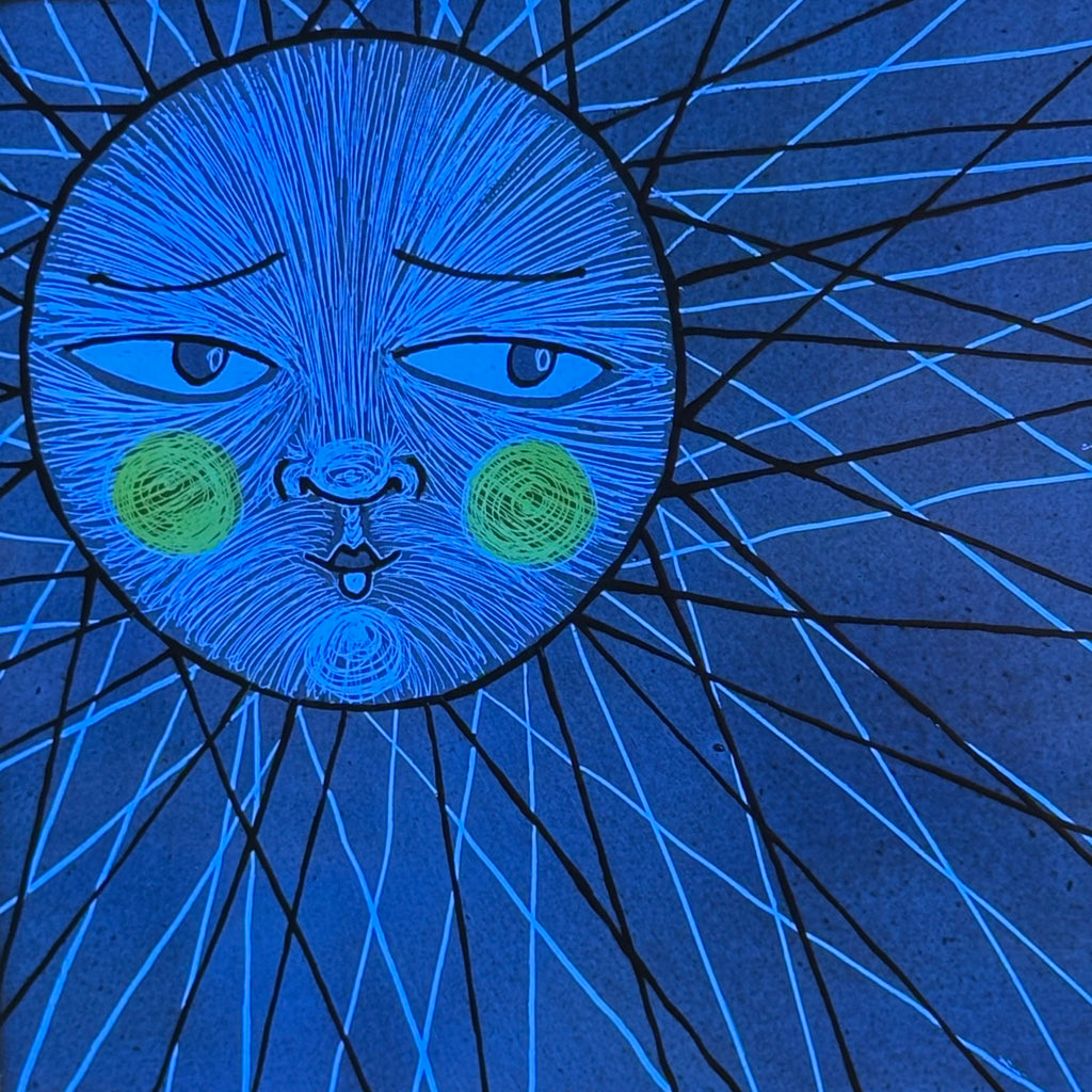 Stained Glass Medium Square Panel ‘Sun, Moon Rays’ (Blue)