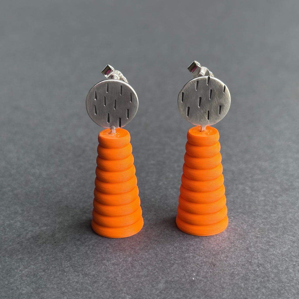 Form Earrings - Silver Textures Circle - Small - Tangerine