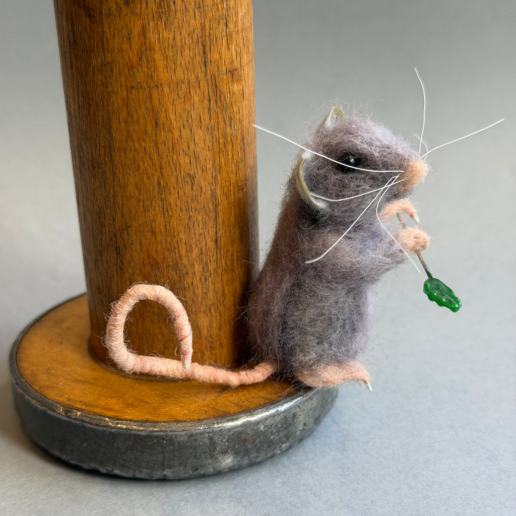 Needle Felted ‘Grace’ Grey Mouse on a Bobbin with Red Pincushion