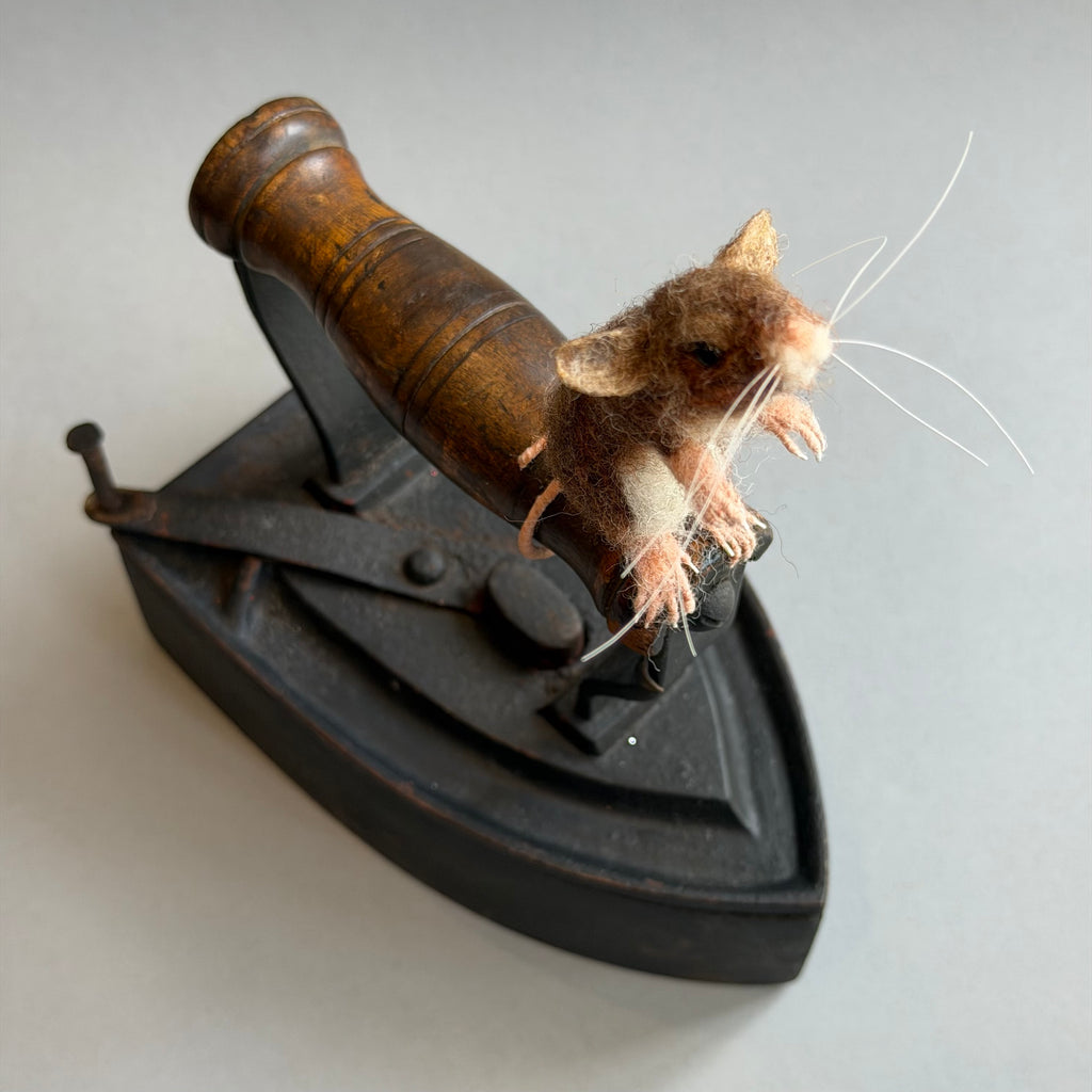 Needle Felted ‘Pickle’ Mouse on an Old Iron