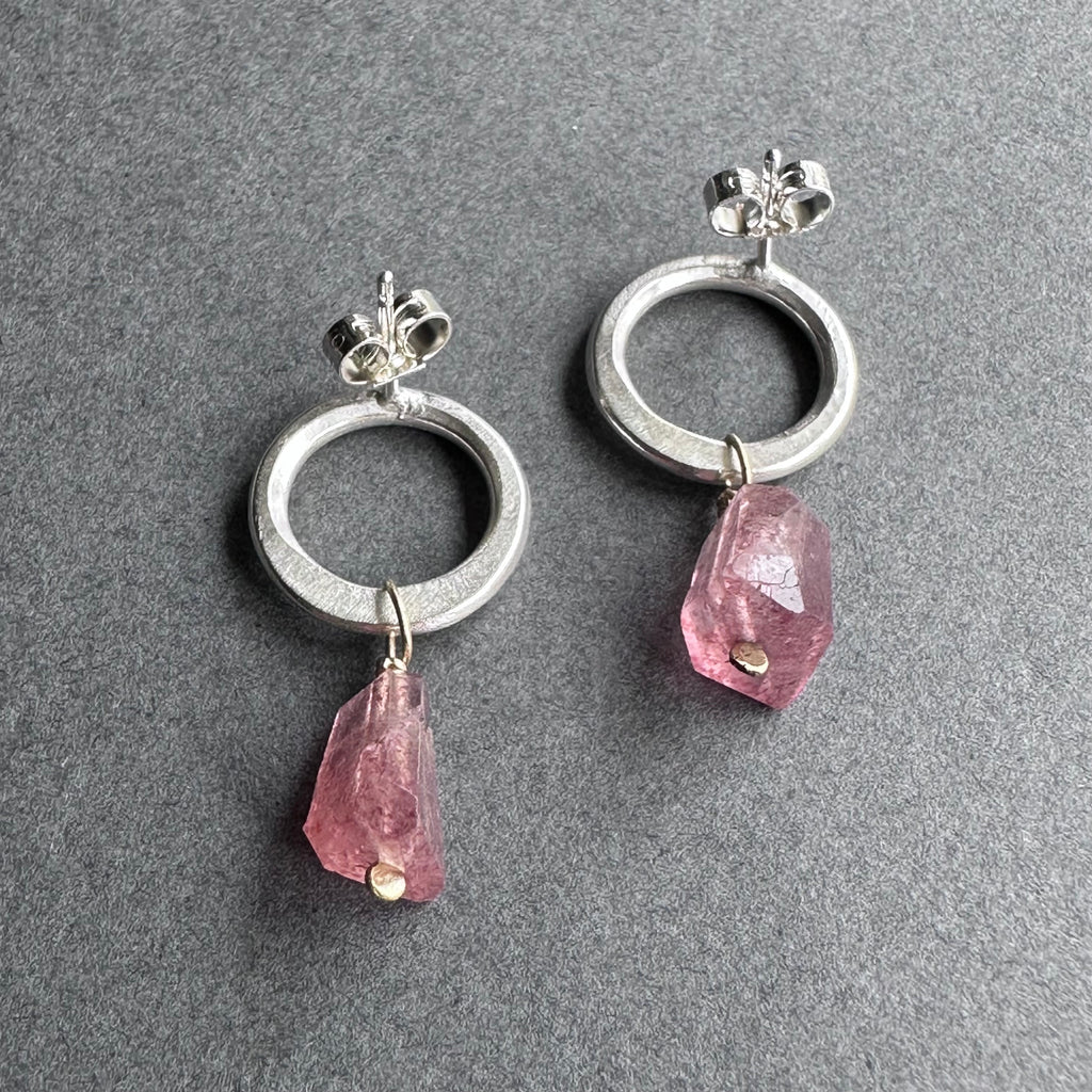 Landscape Drop Studs - Silver & Strawberry Quartz