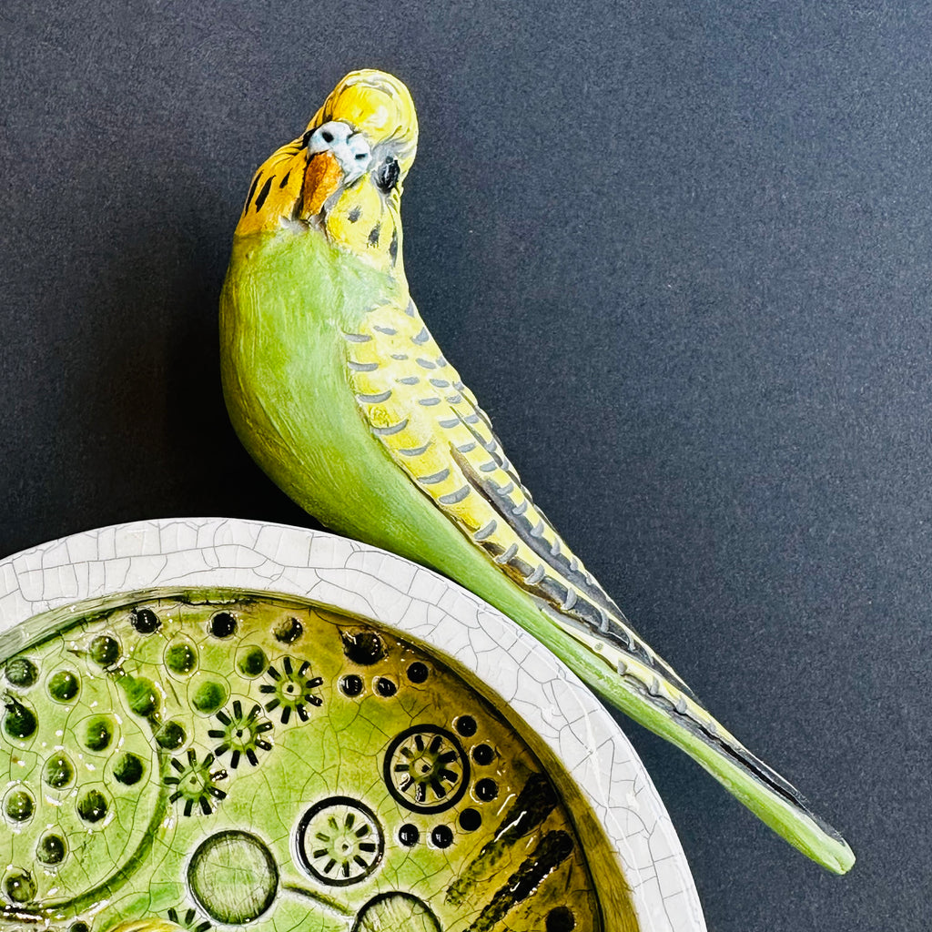 Green Budgies on a Round Wall Plaque