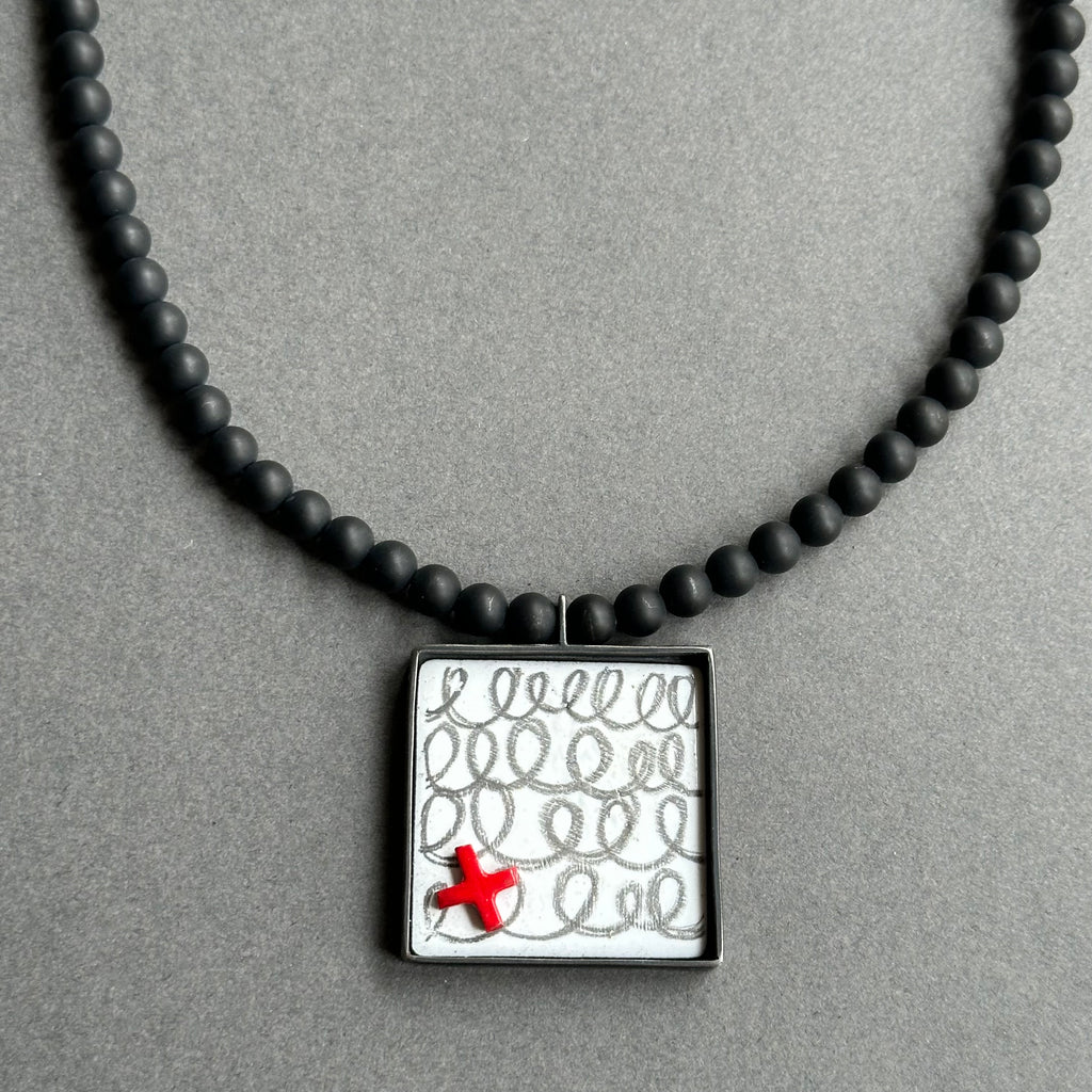 Pendant - Inlaid Enamel Square with Black Agate Beads