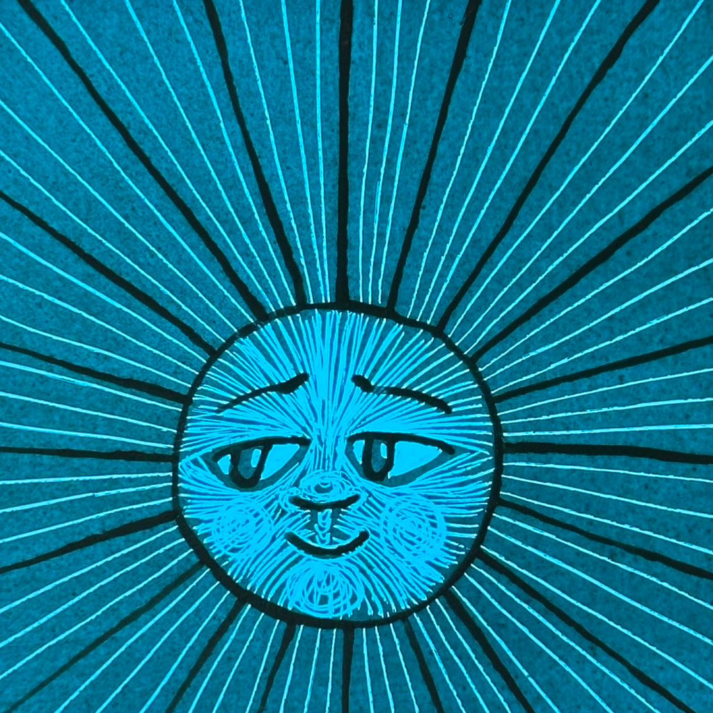 Stained Glass Small Square Panel ‘Sun, Moon Rays’ (Teal) #L