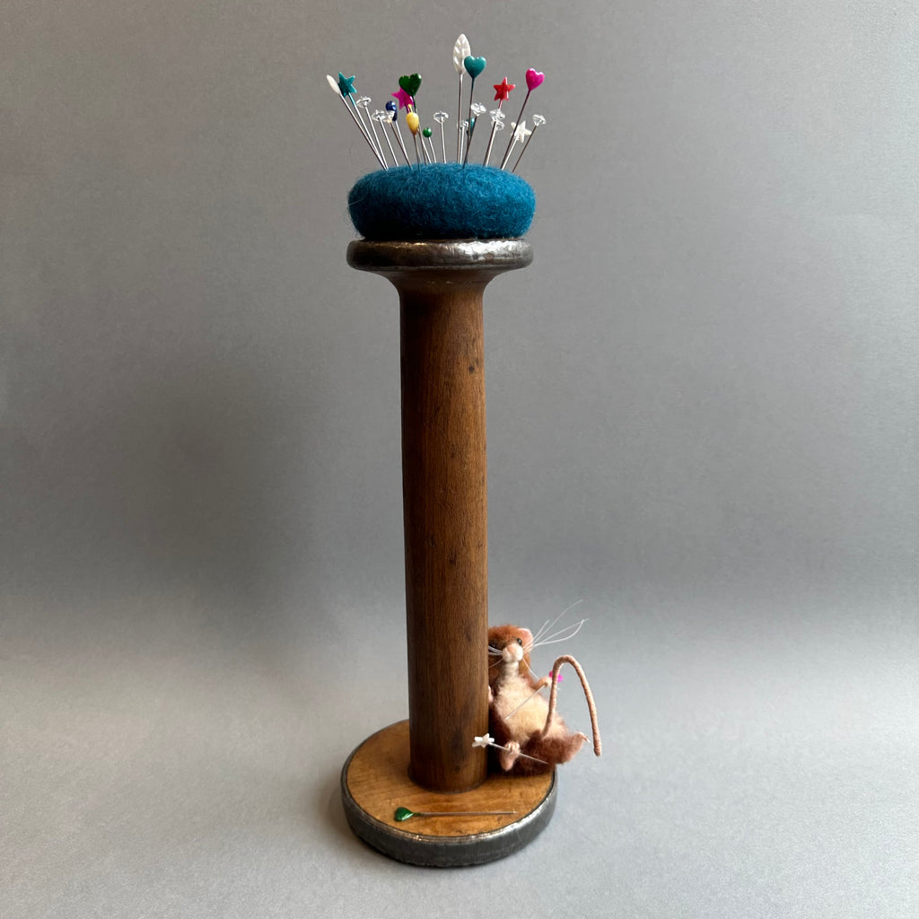 Needle Felted Mouse ‘Florence’ Brown Mouse on a Bobbin with Blue Pincushion