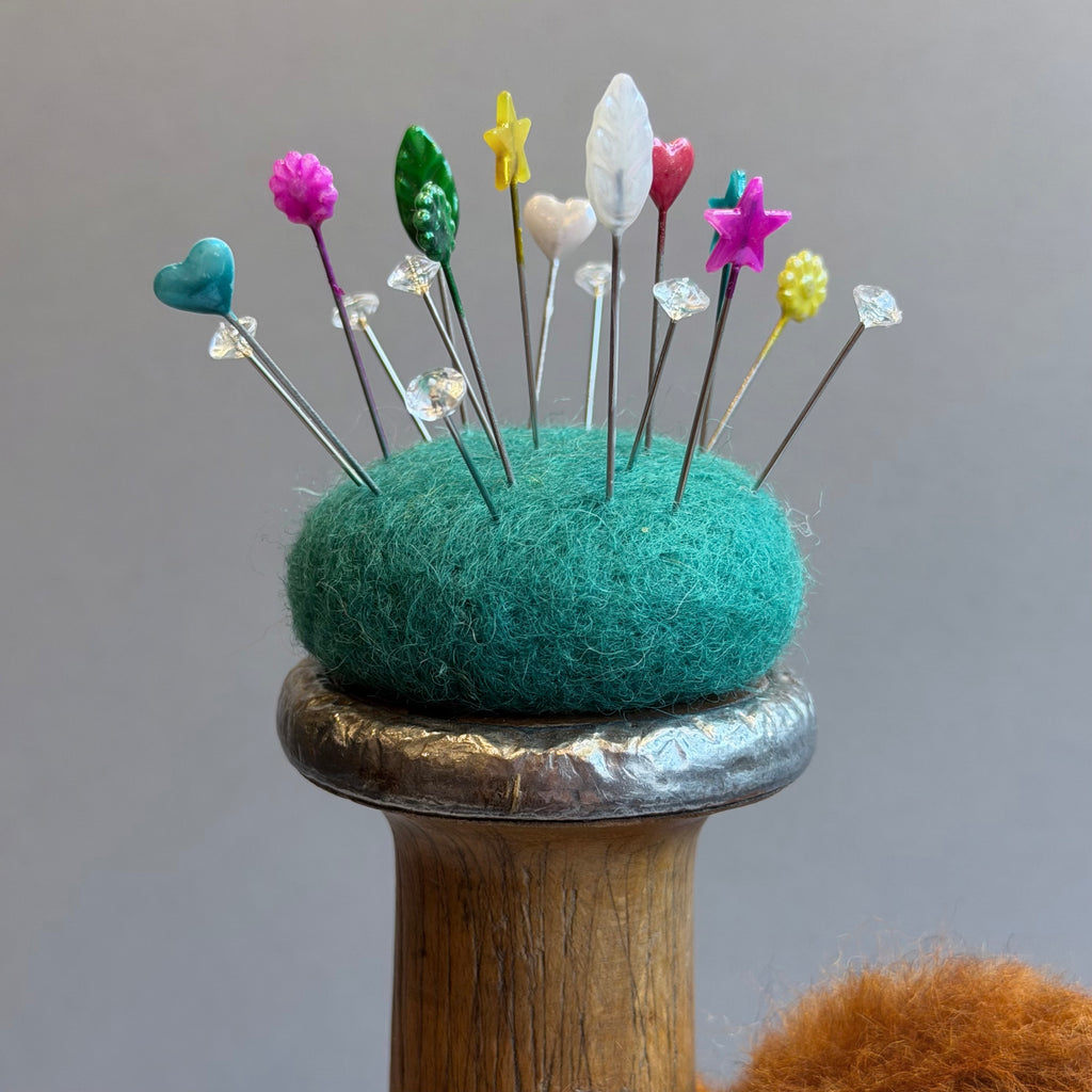 Needle Felted ‘Buster’ Squirrel on a Bobbin with Teal Pincushion