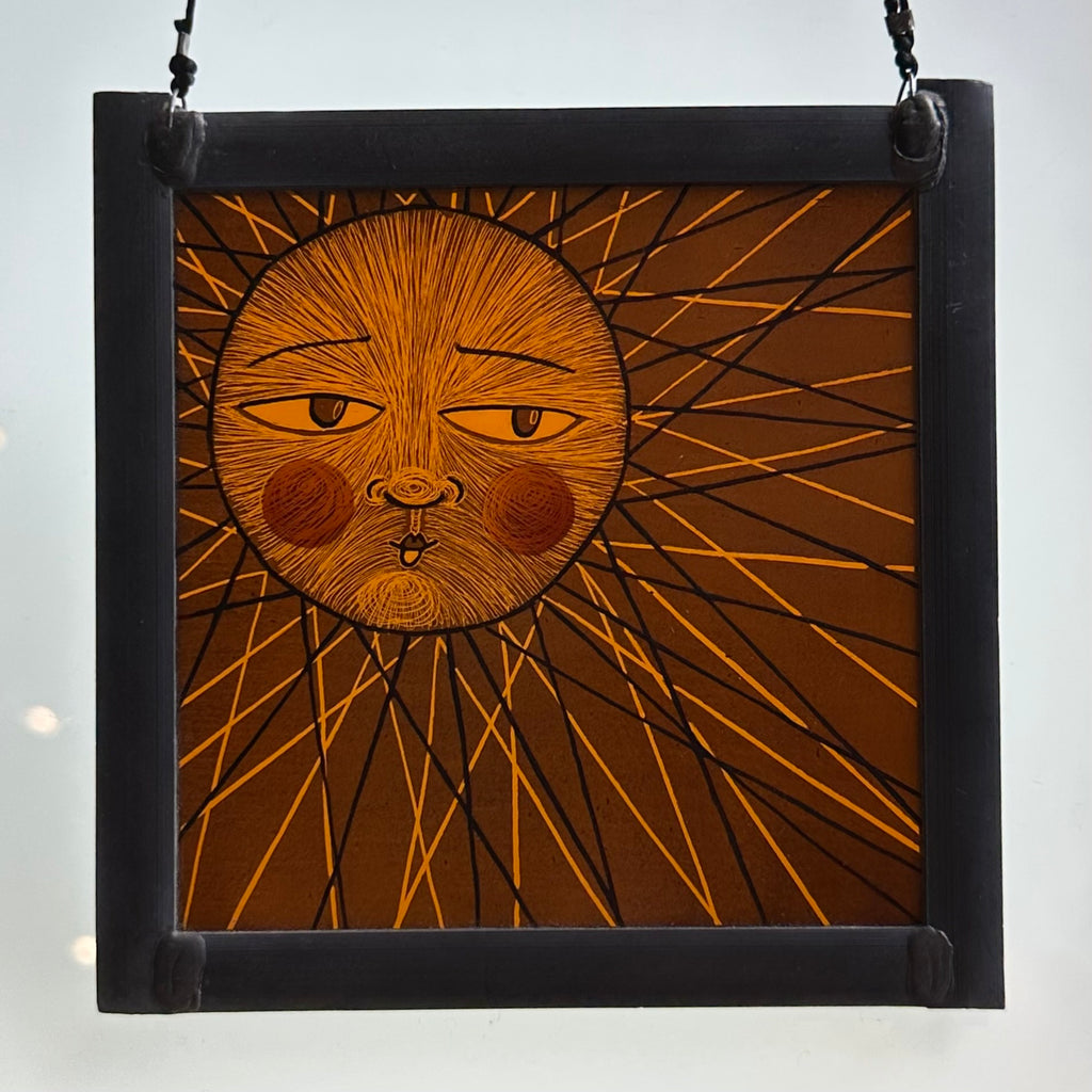 Stained Glass Medium Square Panel ‘Sun, Moon Rays’ (Orange)