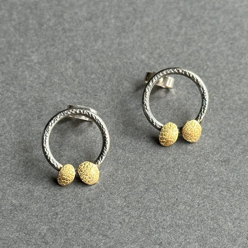 Bug Circle Studs - Oxidised Silver & Gold
