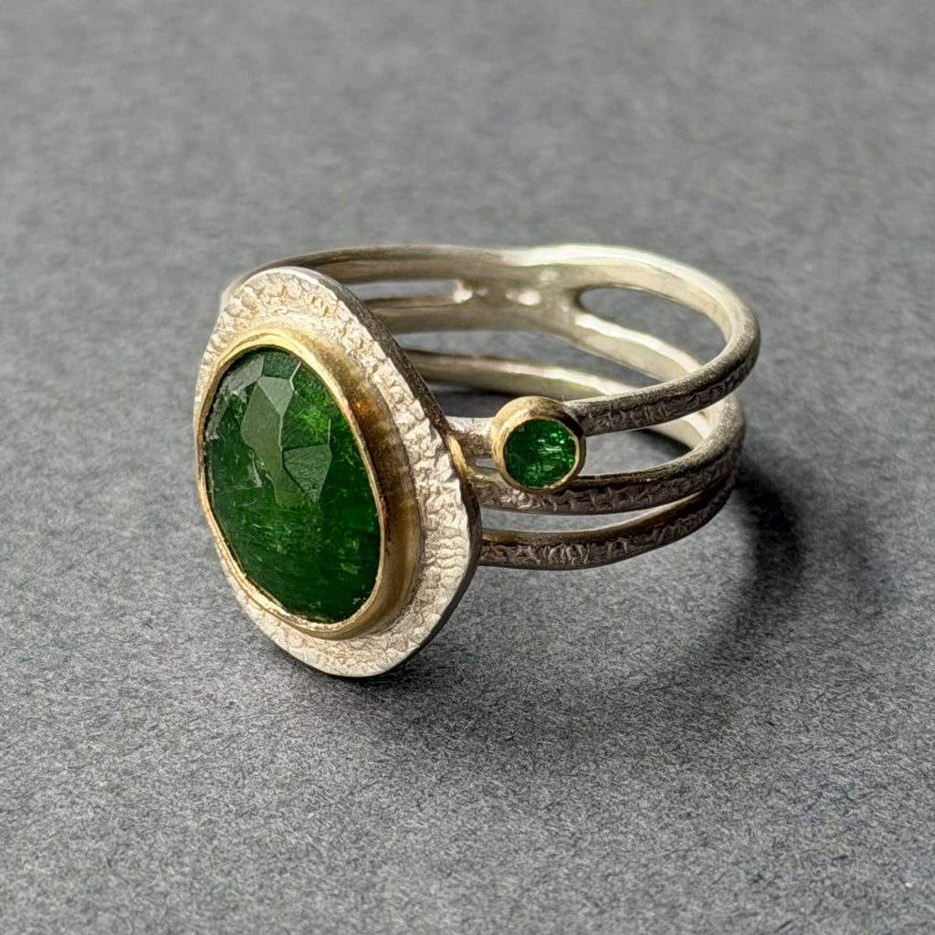 Ring - Triple Band - Sterling Silver, 18ct Gold, Chrome Diopside & Garnet