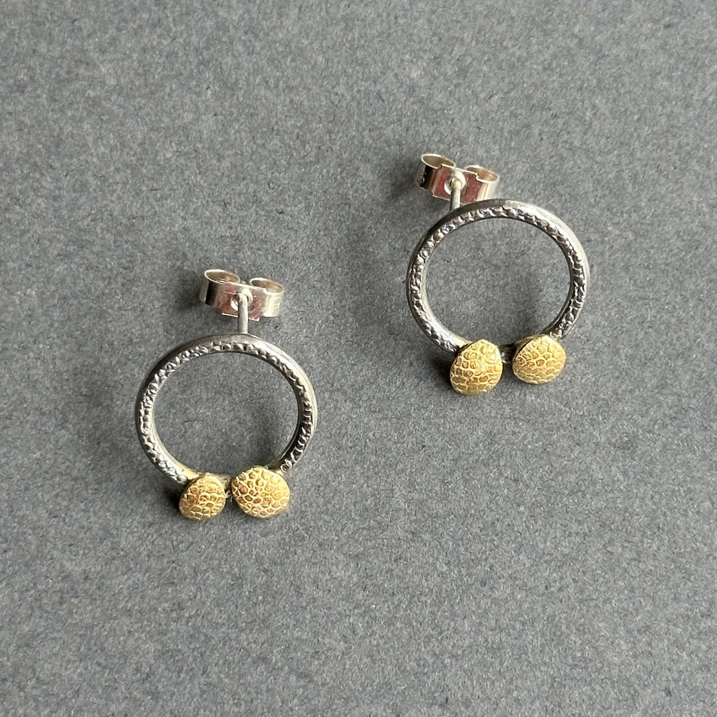 Bug Circle Studs - Oxidised Silver & Gold