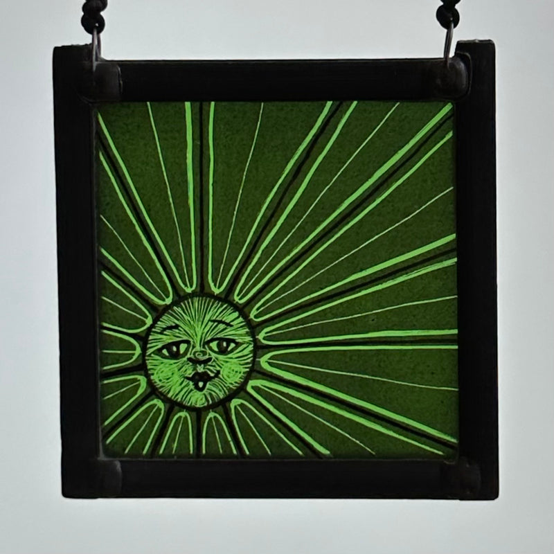Stained Glass Small Square Panel ‘Sun, Moon Rays’ (Green) #Q