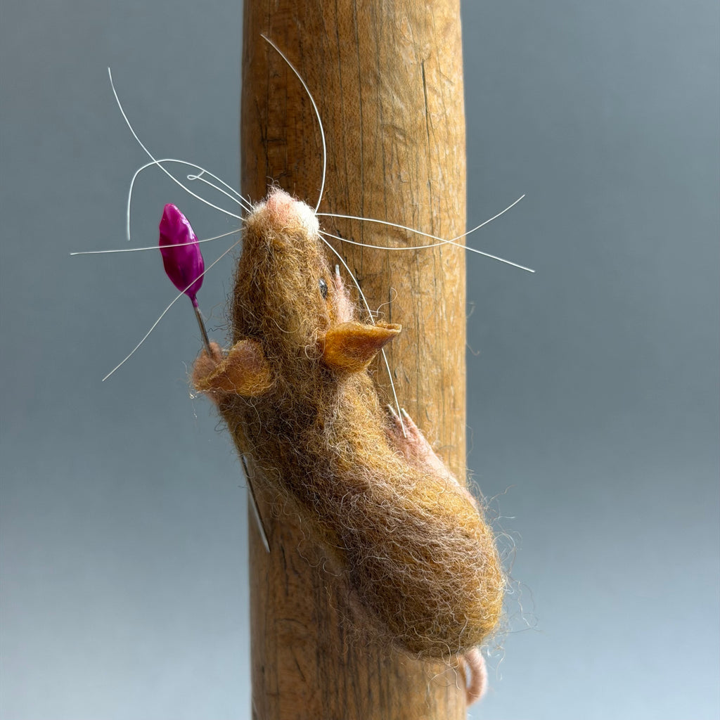 Needle Felted Mouse ‘Alice’ Mouse on a Bobbin with Lilac Pincushion