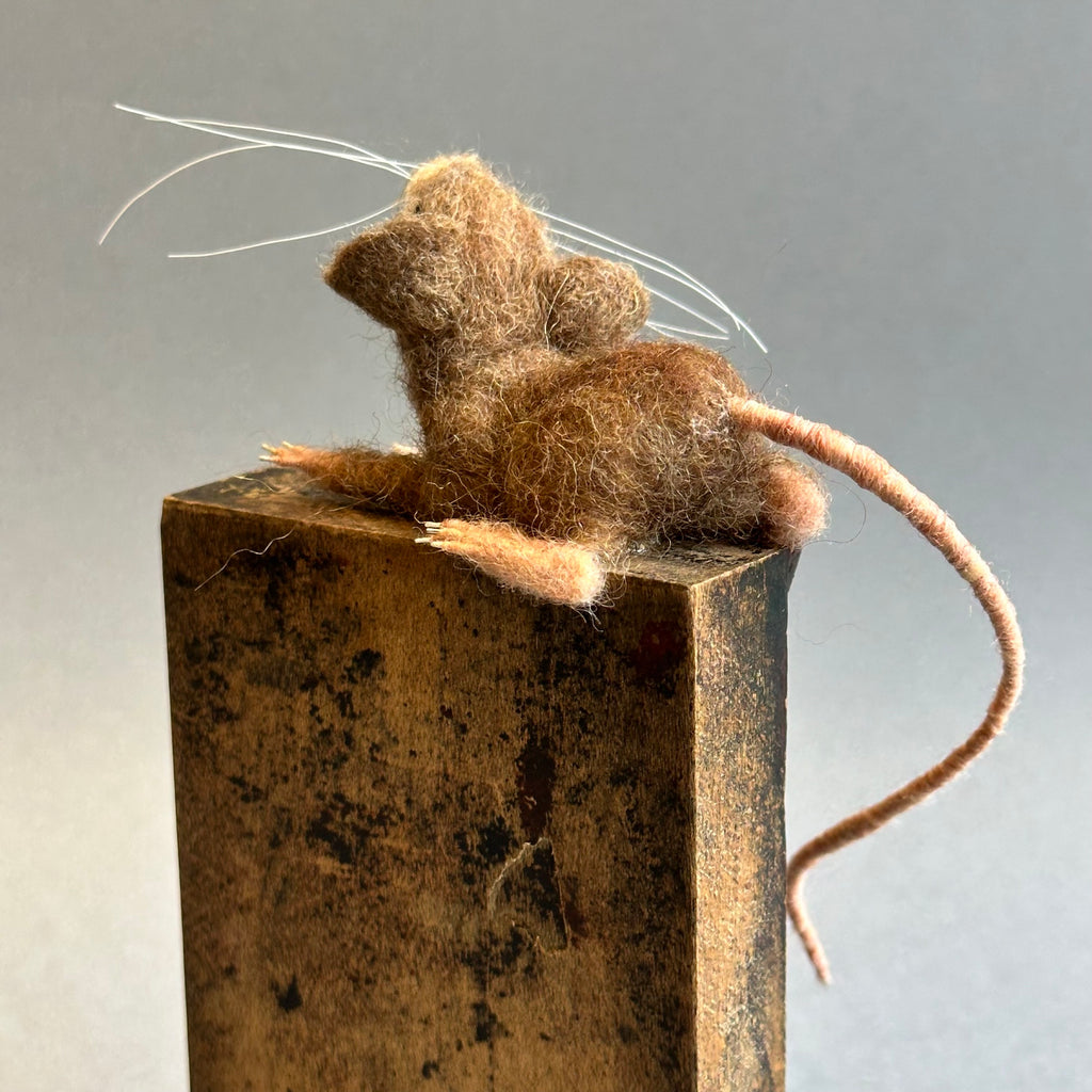 Needle Felted Mouse ‘Yawn’ on a Vintage Print Block