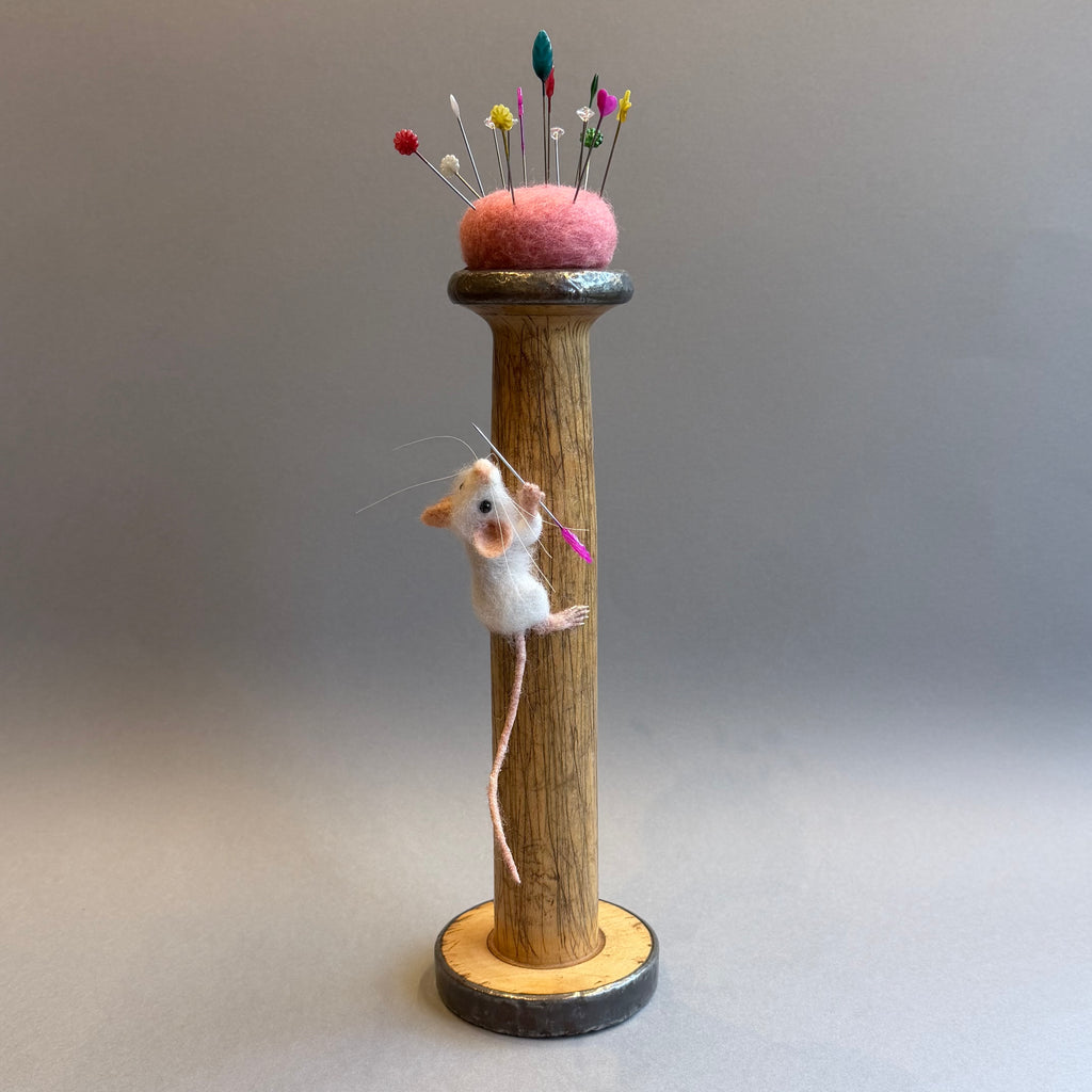 Needle Felted Mouse ‘Holly’ White Mouse on a Bobbin with Pink Pincushion