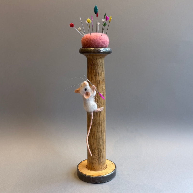 Needle Felted Mouse ‘Holly’ White Mouse on a Bobbin with Pink Pincushion