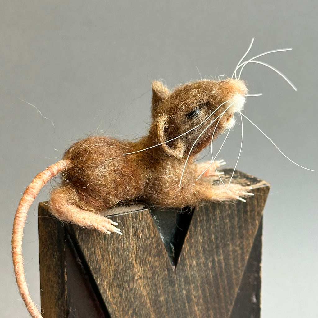 Needle Felted Mouse ‘Yawn’ on a Vintage Print Block