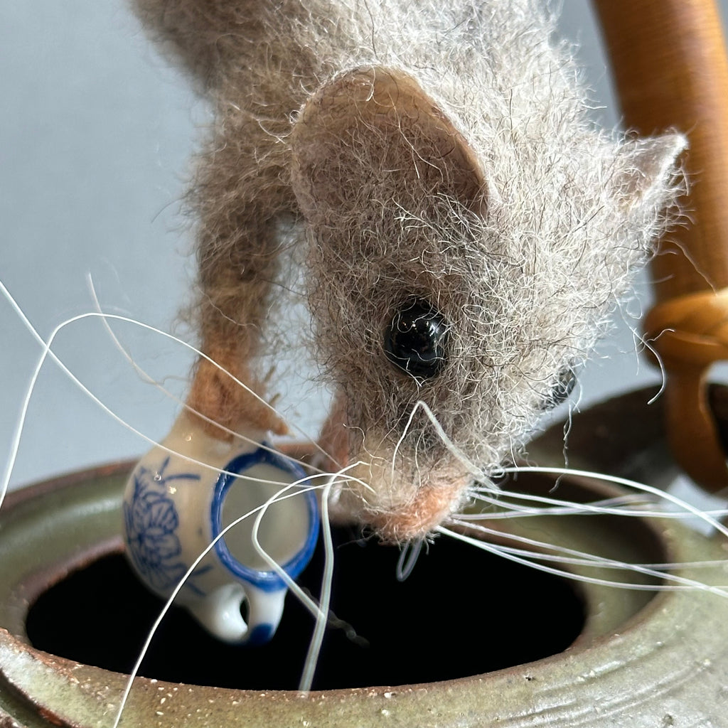 Needle Felted Mouse on a Teapot ‘Lady Grey in Search of Tea’