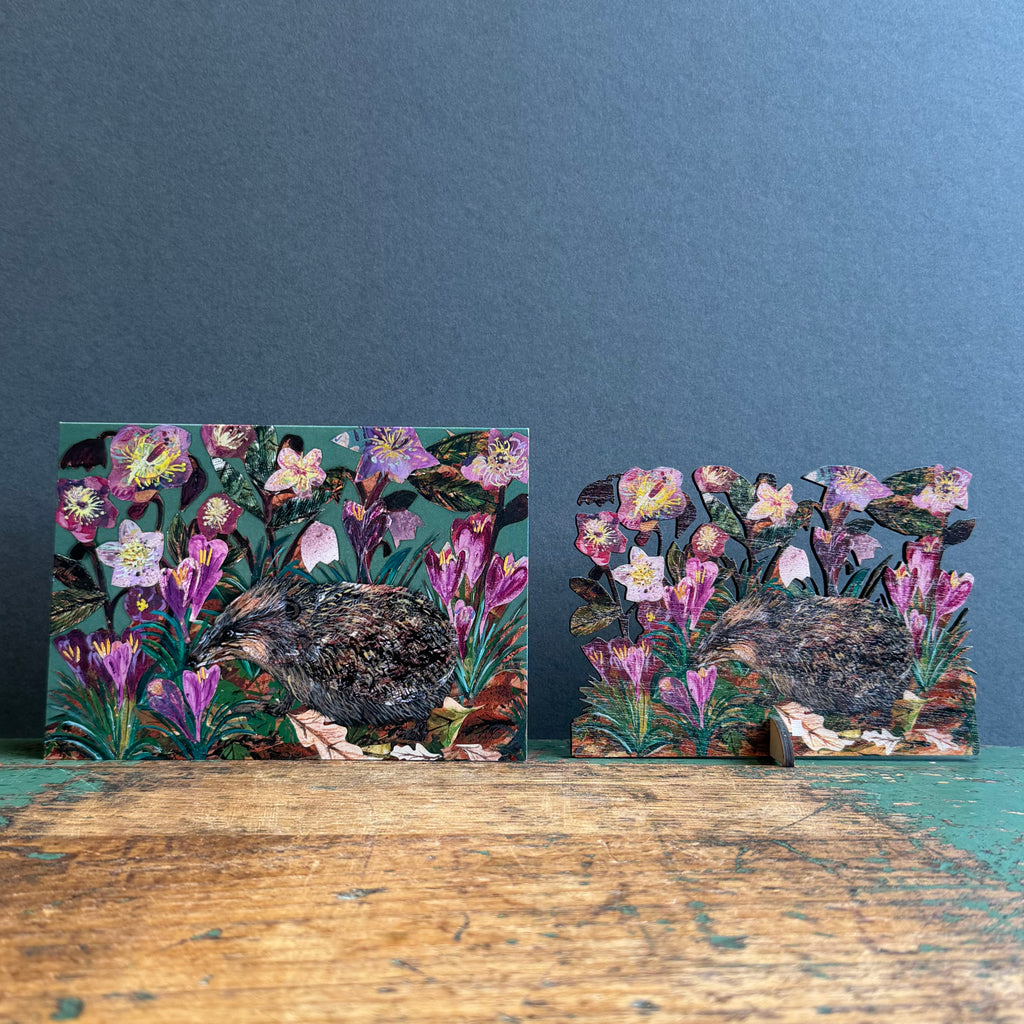 Wooden Keepsake with Greeting Card - Hedgehog in Hellebores