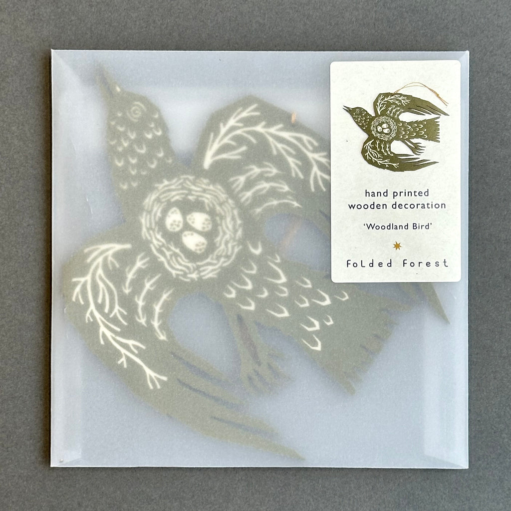 Screenprinted Wooden Decoration - Woodland Bird [Olive Green]