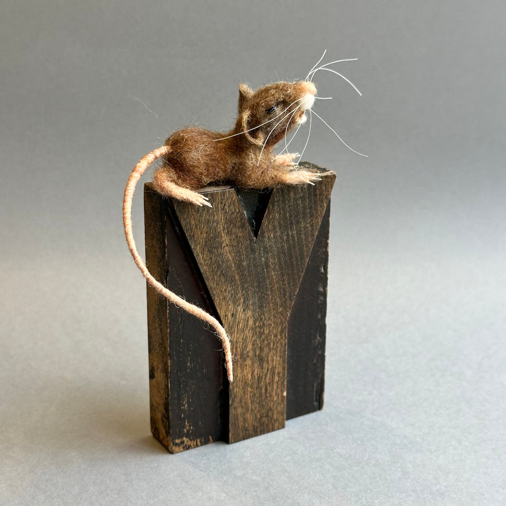 Needle Felted Mouse ‘Yawn’ on a Vintage Print Block