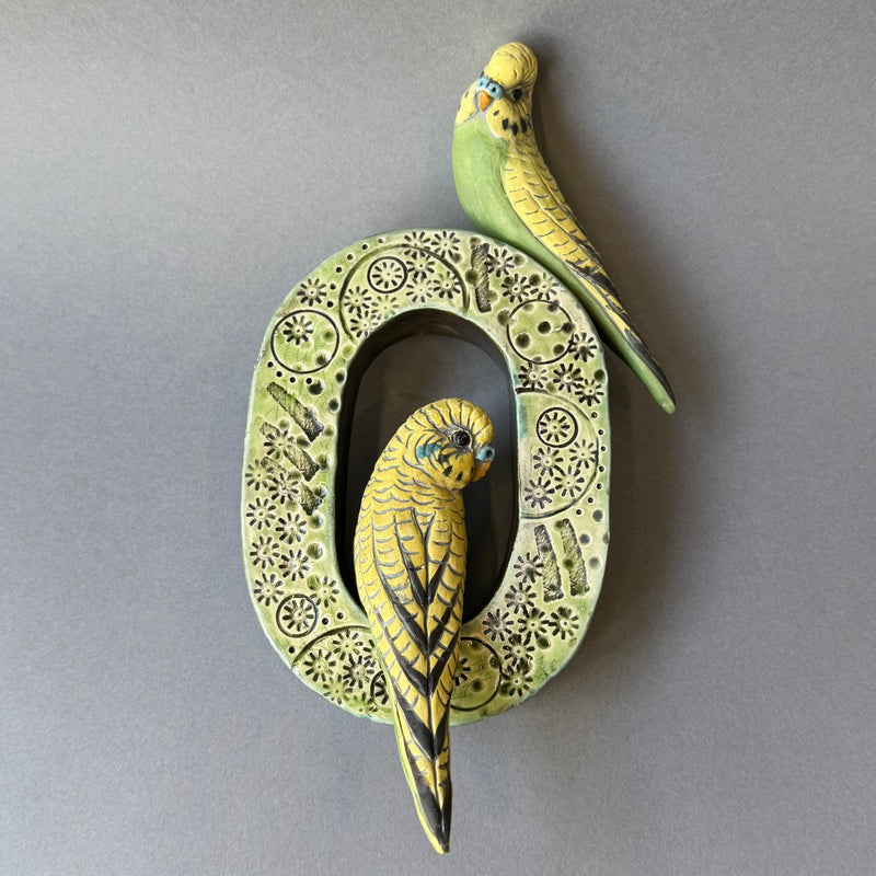 Ceramic Budgie - Pair on a Loop Wall Piece - Medium