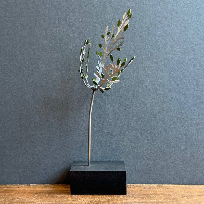 Sculpture - Sapling - Silver with Green Leaves