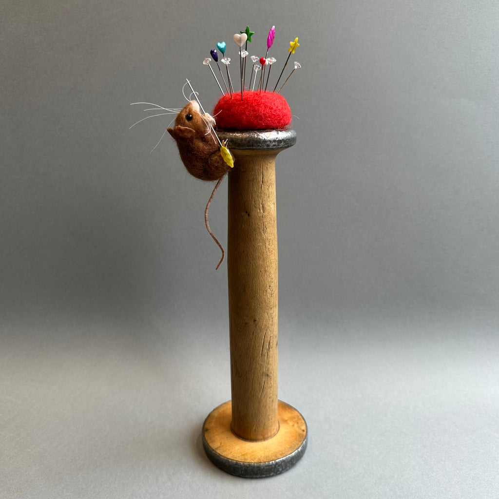 Needle Felted Mouse ‘Tiny’ Brown Mouse on a Bobbin with Red Pincushion