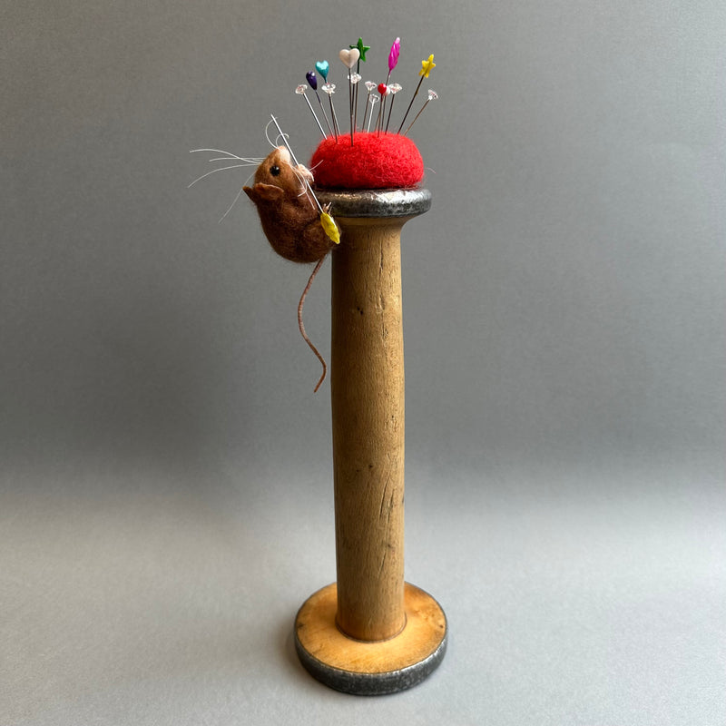 Needle Felted Mouse ‘Tiny’ Brown Mouse on a Bobbin with Red Pincushion