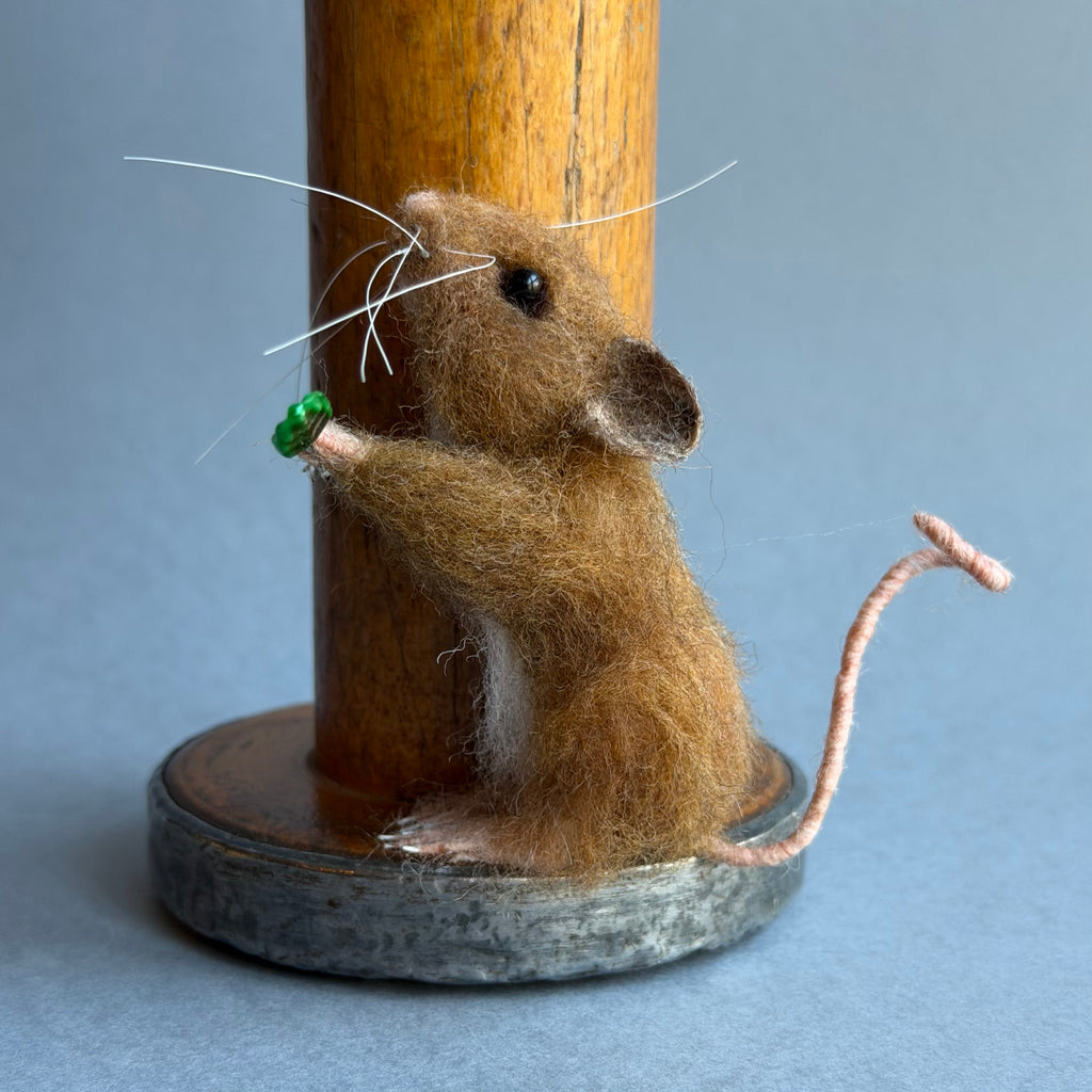 Needle Felted Mouse ‘Connie’ Mouse on a Bobbin with Moss Pincushion #154