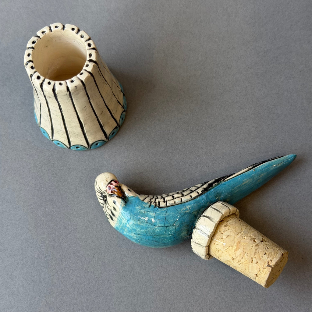 Ceramic Budgie - Single on a Pot - Small