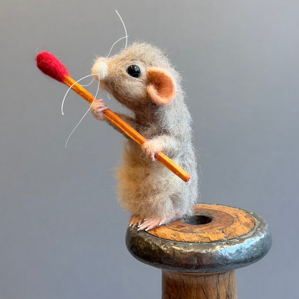 Needle Felted Mouse ‘Godfrey’ Brown Mouse on a Bobbin with a Matchstick