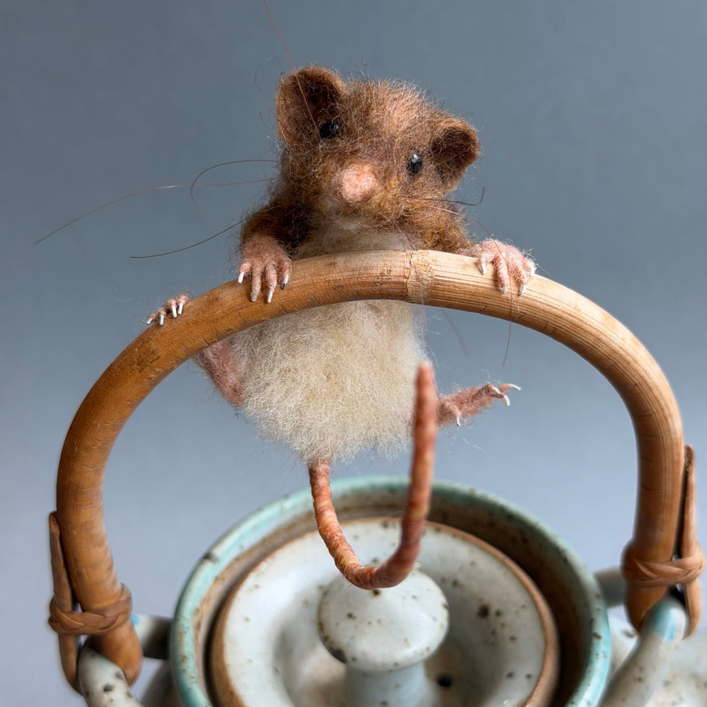 Needle Felted Mouse ‘Brooke’ on a Ceramic Teapot