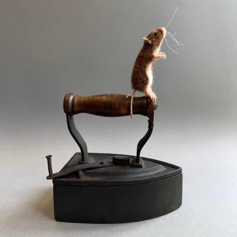 Needle Felted ‘Pickle’ Mouse on an Old Iron