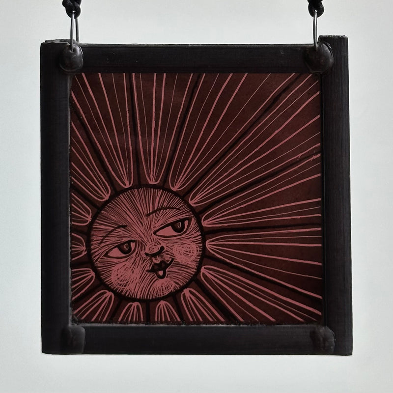 Stained Glass Small Square Panel ‘Sun, Moon Rays’ (Plum) #F