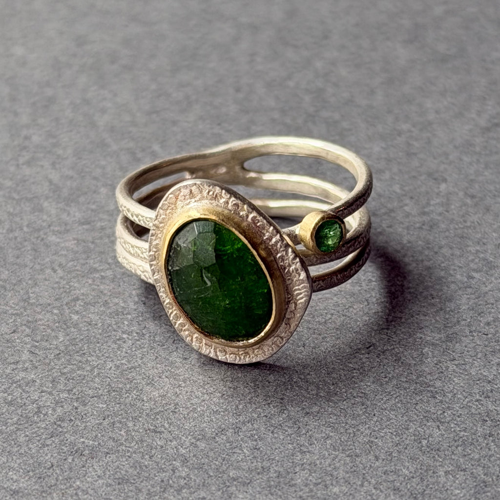 Ring - Triple Band - Sterling Silver, 18ct Gold, Chrome Diopside & Garnet