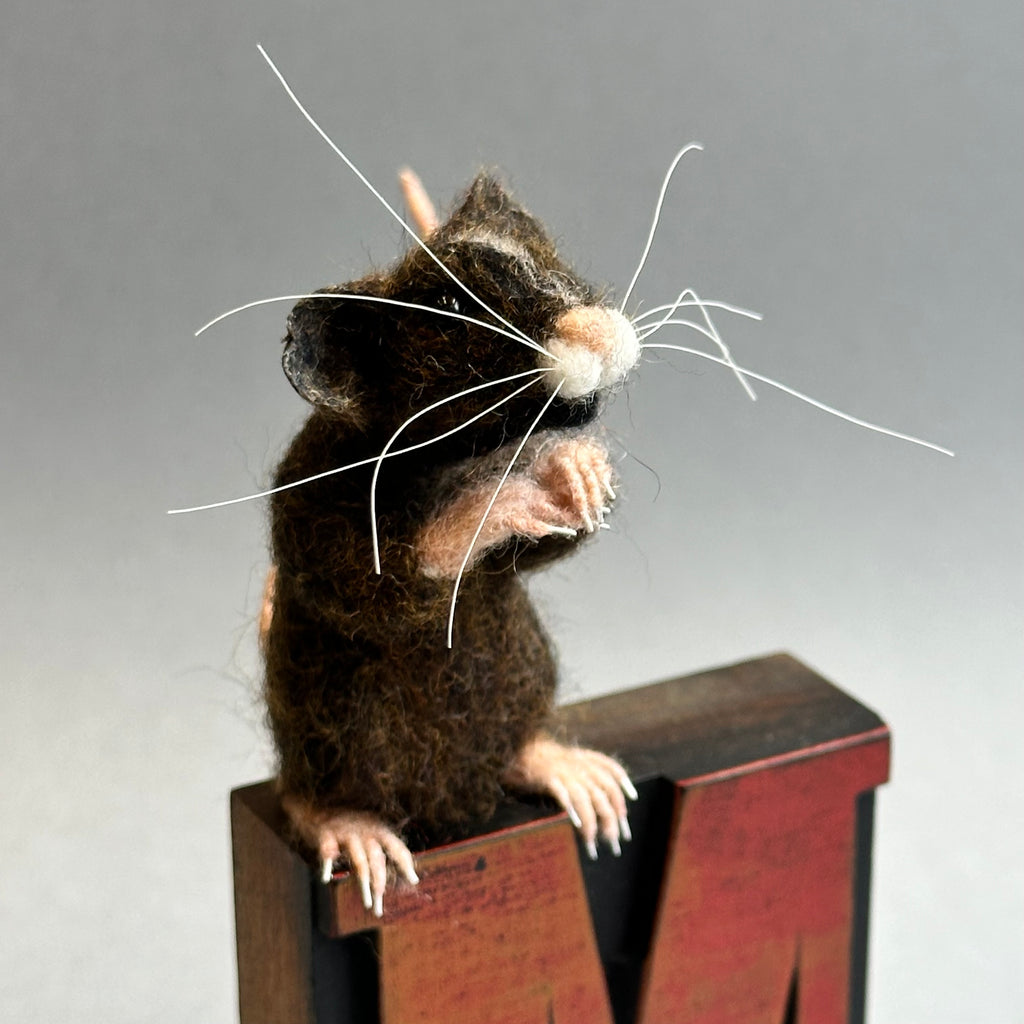 Needle Felted Mouse ‘Coco’ on a Vintage Print Block